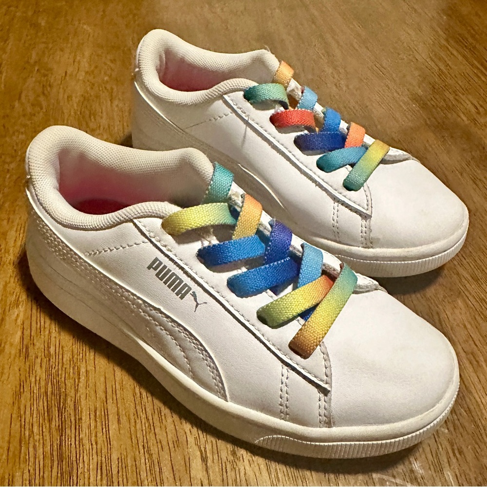 PUMA Kids White Sneakers with Rainbow Laces